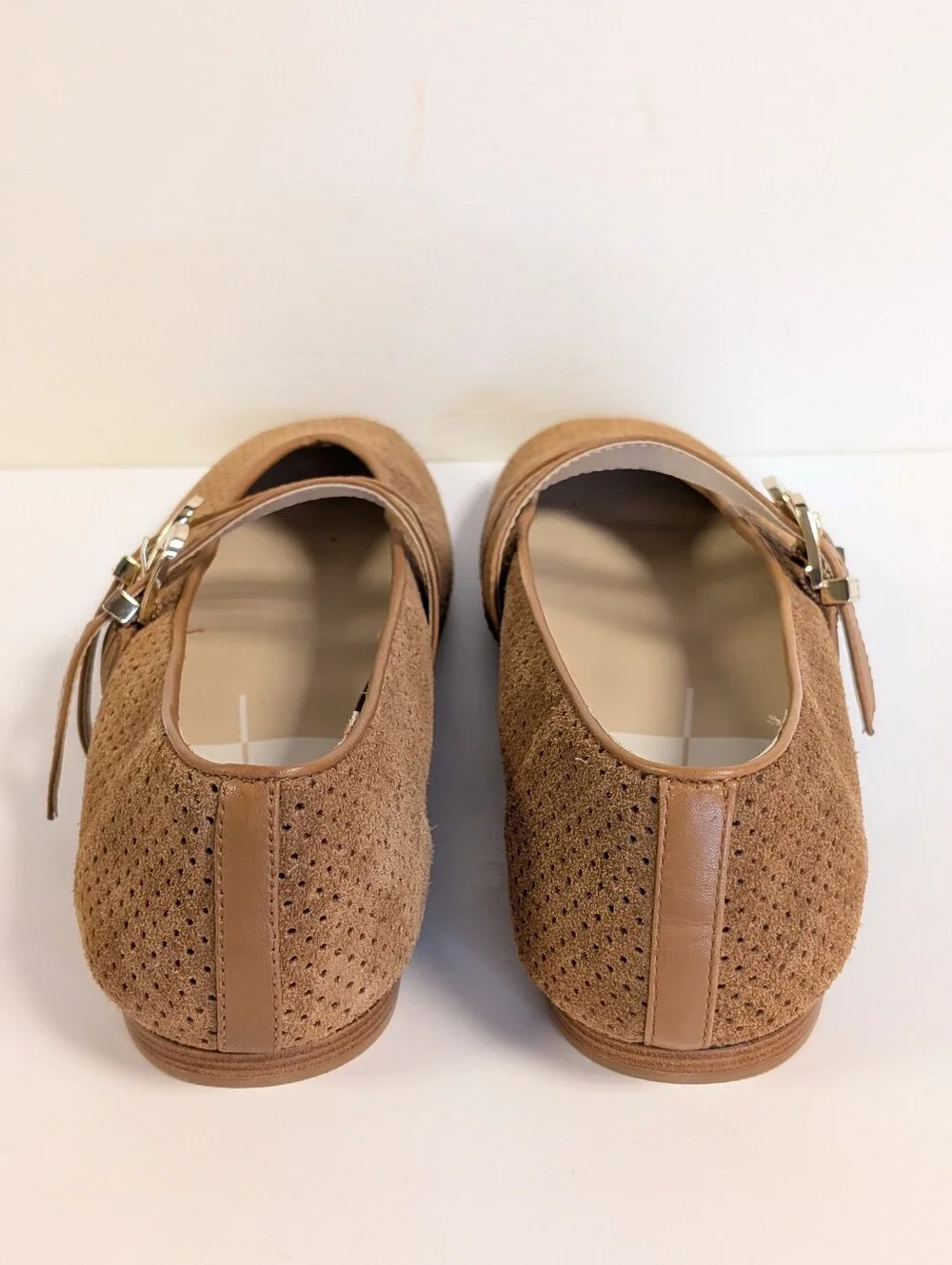 Dolce Vita Baylee Perforated Tan Suede Double-Buckle Mary Jane Ballet Flats 9.5